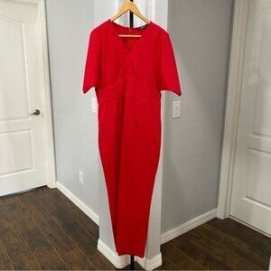 ESHAKTI MAXI DRESS Bright Red Stretch V Neck Size Medium Short Sleeve Gown
